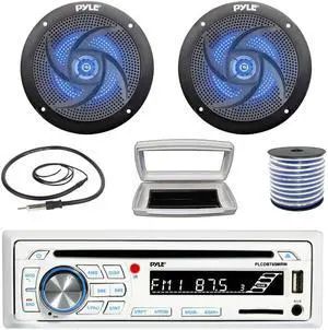 Pyle PLCDBT65 Single-DIN Marine Bluetooth USB/AUX CD Player AM/FM Stereo Receiver W/White Cover, 2x 4" 100W Max Power Waterproof Low-Profile Slim Style Blue LED Speakers W/50 Feet 18G Wire, Antenna