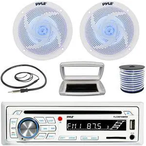 Pyle PLCDBT65 Single-DIN Marine Bluetooth USB/AUX CD Player AM/FM Stereo Receiver W/White Cover, 2x 4" 100W Max Power Low Profile 2-Way Blue LED Boat Audio White Speakers W/50 Feet 18G Wire, Antenna