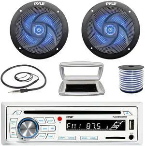 Pyle PLCDBT65 Single-DIN Marine Bluetooth USB/AUX CD Player AM/FM Stereo Receiver W/White Cover, 2x 5.25" 180W Max Power 2-Way Low Profile Blue LED Black Boat Speakers W/50 Feet 18G Wire, 22" Antenna