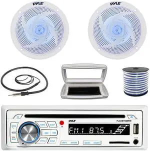 Pyle PLCDBT65 Single-DIN Marine Bluetooth USB/AUX CD Player AM/FM Stereo Receiver W/White Cover, 2x 5.25" 180W Max Power 2-Way Low Profile Blue LED White Speakers W/50 Feet 18 Gauge Wire, 22" Antenna