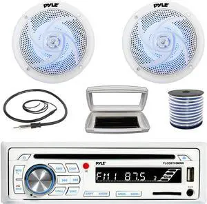 Pyle PLCDBT65 Single-DIN Marine Bluetooth USB/AUX CD Player AM/FM Stereo Receiver W/White Cover, 2x 6.5" 240W Max Power Low-Profile 2-Way Blue LED Boat White Speakers W/50 Feet 18G Wire, Radio Antenna