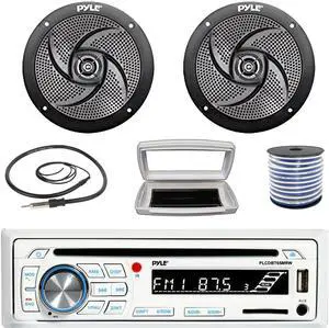 Pyle PLCDBT65 Single-DIN Marine Bluetooth USB/AUX CD Player AM/FM Stereo Receiver W/White Cover, 2x Pyle PLMRS6B 6'' 240W Max Power Low Profile 2-Way Boat Black Speakers W/50 Feet 18G Wire, Antenna