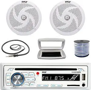 Pyle PLCDBT65 Single-DIN Marine Bluetooth USB/AUX CD Player AM/FM Stereo Receiver W/White Cover, 2x Pyle PLMRS6W 6'' 240W Max Power Low Profile 2-Way Boat White Speakers W/50 Feet 18G Wire, Antenna