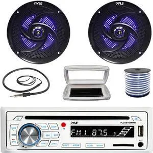 Pyle PLCDBT65 Single-DIN Marine Bluetooth USB/AUX CD Player AM/FM Stereo Receiver W/White Cover, 2x 8'' 320 Watt Max Power Low Profile 2-Way Blue LED Black Boat Speakers W/50 Feet 18G Wire, Antenna