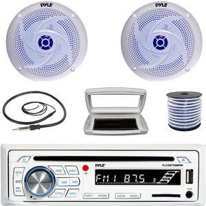 Pyle PLCDBT65 Single-DIN Marine Bluetooth USB/AUX CD Player AM/FM Stereo Receiver W/White Cover, 2x 8'' 320 Watt Max Power Low Profile 2-Way Blue LED White Speakers W/50 Feet 18G Wire, 22" Antenna