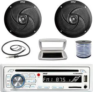 Pyle PLCDBT65 Single-DIN Marine Bluetooth USB/AUX CD Player AM/FM Stereo Receiver W/White Cover, 2x Pyle PLMRS8B 8'' 320W Max Power Low Profile 2-Way Boat Black Speakers W/50 Feet 18G Wire, Antenna