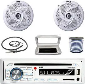 Pyle PLCDBT65 Single-DIN Marine Bluetooth USB/AUX CD Player AM/FM Stereo Receiver W/White Cover, 2x Pyle PLMRS8W 8'' 320W Max Power Low Profile 2-Way Boat White Speakers W/50 Feet 18G Wire, Antenna