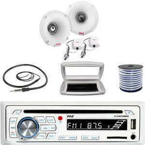 Pyle PLCDBT65 Single-DIN Marine Bluetooth USB/AUX CD Player AM/FM Stereo Receiver W/White Cover, 2x 1" 120 Watt Peak Power PEI Dome Tweeters White Marine Speaker System W/50 Feet 18G Wire, 22" Antenna