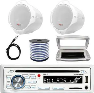 Pyle PLCDBT65 Single-DIN Marine Bluetooth USB/AUX CD Player AM/FM Stereo Receiver W/White Cover, 2x 6.5" 200W Max Power White Boat Wake Board Speakers, 50 Feet 18 Gauge Speaker Wire, 22" Radio Antenna