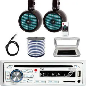 Pyle PLCDBT65 Single-DIN Marine Bluetooth USB/AUX CD Player AM/FM Stereo Receiver W/White Cover, 2x 8" 480W Max Power 2-Way Black Wakeboard Tower RGB LED Speakers W/50 Feet 18 Gauge Wire, 22" Antenna
