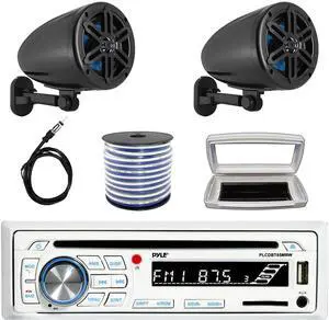Pyle PLCDBT65 Single-DIN Marine Bluetooth USB/AUX CD Player AM/FM Stereo Receiver W/White Cover, 2x 5.25 180W Max Power 2-Way Off-Road Box Black Boat Speakers, 50 Feet 18G Speaker Wire, 22" Antenna
