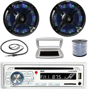 Pyle PLCDBT65 Single-DIN Marine Bluetooth USB/AUX CD Player AM/FM Stereo Receiver W/White Cover, 2x 6.5" 250W Max Power Waterproof Boat Dual Multi Color LED Black Speakers W/50 Feet 18G Wire, Antenna