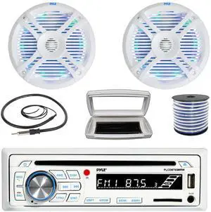 Pyle PLCDBT65 Single-DIN Marine Bluetooth USB/AUX CD Player AM/FM Stereo Receiver W/White Cover, 2x Pyle 6.5" 250W Max Power Boat Dual Cone Multicolor LED White Speakers W/50 Feet 18G Wire, Antenna