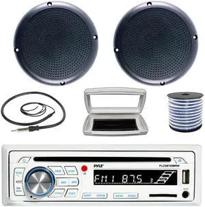 Pyle PLCDBT65 Single-DIN Marine Bluetooth USB/AUX CD Player AM/FM Stereo Receiver W/White Cover, 2x Connexx SPM5B 5.25" 20 Watts RMS Polycone Audio Black Boat Speakers W/50 Feet 18G Wire, 22" Antenna