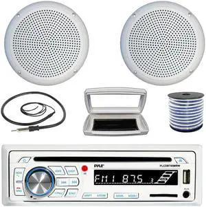 Pyle PLCDBT65 Single-DIN Marine Bluetooth USB/AUX CD Player AM/FM Stereo Receiver W/White Cover, 2x Connexx SPM5C 5.25" 20 Watts RMS Polycone Audio White Boat Speakers W/50 Feet 18G Wire, 22" Antenna