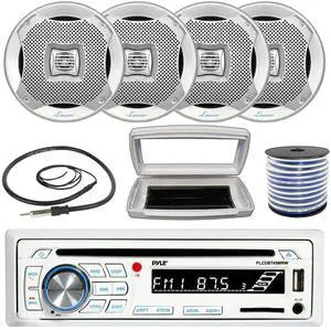 Pyle PLCDBT65 Single-DIN Marine Bluetooth USB/AUX CD Player AM/FM Stereo Receiver W/White Cover, 4x Lanzar 5.25 200W Max Power Water Resistant Boat 2-Way Silver Speakers W/50 Feet 18G Wire, Antenna