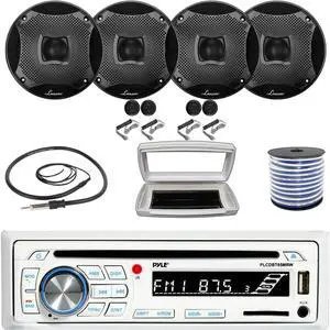 Pyle PLCDBT65 Single-DIN Marine Bluetooth USB/AUX CD Player AM/FM Stereo Receiver W/White Cover, 4x 6.5" 450W Max Power Two-Way Boat Component Kit Black Speaker Systems W/50 Feet 18G Wire, 22" Antenna
