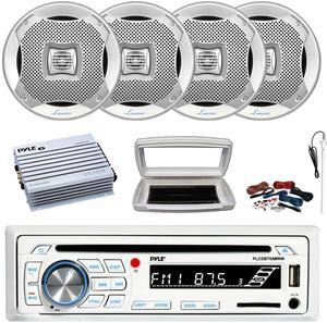 Pyle PLCDBT65 Single-DIN Marine Bluetooth USB/AUX CD Player AM/FM Stereo Receiver W/White Cover, 4x 5.25 200W Max Water Resistant 2-Way Silver Speakers, 4 Channel 400W Max Amplifier W/Kit, Antenna