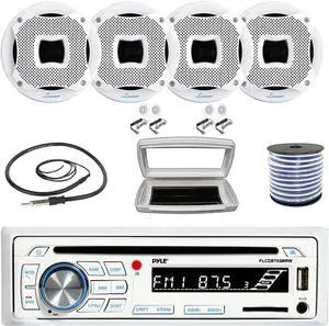 Pyle PLCDBT65 Single-DIN Marine Bluetooth USB/AUX CD Player AM/FM Stereo Receiver W/White Cover, 4x Lanzar 6.5" 450W Max Power 2-Way Boat Audio Component White Speakers W/50 Feet 18G Wire, 22" Antenna