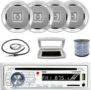 Pyle PLCDBT65 Single-DIN Marine Bluetooth USB/AUX CD Player AM/FM Stereo Receiver W/White Cover, 4x 6.5" 400W Max Power 2-Way Water Resistant Boat Audio Silver Speakers W/50 Feet 18G Wire, 22" Antenna