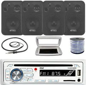 Pyle PLCDBT65 Single-DIN Marine Bluetooth USB/AUX CD Player AM/FM Stereo Receiver W/White Cover, 4x Enrock EKMR408B 4" 30W Max Power 3-Way In Door/Out Door Black Speakers W/50 Feet 18G Wire, Antenna