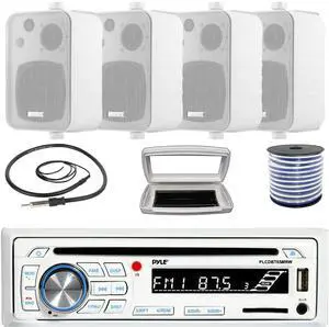 Pyle PLCDBT65 Single-DIN Marine Bluetooth USB/AUX CD Player AM/FM Stereo Receiver W/White Cover, 4x Enrock 4" 30W Max Power 3-Way In Door/Out Door White Box Speakers W/50 Feet 18G Wire, Radio Antenna