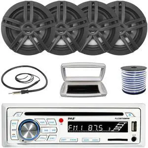 Pyle PLCDBT65 Single-DIN Marine Bluetooth USB/AUX CD Player AM/FM Stereo Receiver W/White Cover, 4x Enrock EM265B 6.5" 180W Max Power 2-Way Boat Black Speakers W/50 Feet 18G Wire, 22" Radio Antenna