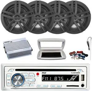 Pyle PLCDBT65 Single-DIN Marine Bluetooth USB/AUX CD Player AM/FM Stereo Receiver W/White Cover, 4x 6.5" 180W Max Power 2-Way Boat Black Speakers, 4 Channel 400W Max Amplifier W/Kit, Radio Antenna