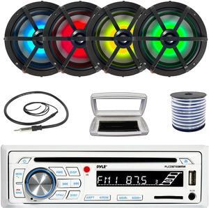 Pyle PLCDBT65 Single-DIN Marine Bluetooth USB/AUX CD Player AM/FM Stereo Receiver W/White Cover, 4x Enrock EM265RGB 6.5" 120 Watt Max Power RGB LED Coaxial Boat Speakers W/50 Feet 18G Wire, Antenna