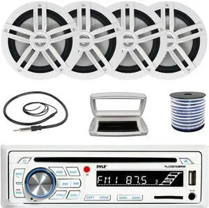 Pyle PLCDBT65 Single-DIN Marine Bluetooth USB/AUX CD Player AM/FM Stereo Receiver W/White Cover, 4x Enrock EM265W 6.5" 180 Watt Peak Power 2-Way Boat Audio White Speakers W/50 Feet 18G Wire, Antenna