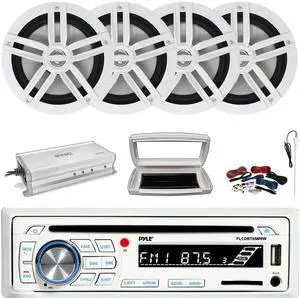 Pyle PLCDBT65 Single-DIN Marine Bluetooth USB/AUX CD Player AM/FM Stereo Receiver W/White Cover, 4x Enrock 6.5" 180W Max Power 2-Way Boat White Speakers, 4 Channel 720W Max Amplifier W/Kit, Antenna