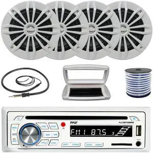Pyle PLCDBT65 Single-DIN Marine Bluetooth USB/AUX CD Player AM/FM Stereo Receiver W/White Cover, 4x Enrock EM270W 6.5" 180W Max Power 2-Way Boat White Speakers W/50 Feet 18 Gauge Wire, 22" Antenna