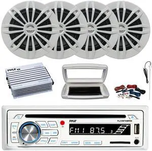 Pyle PLCDBT65 Single-DIN Marine Bluetooth USB/AUX CD Player AM/FM Stereo Receiver W/White Cover, 4x Enrock 6.5" 180W Max Power 2-Way Boat White Speakers, 4 Channel 400W Max Amplifier W/Kit, Antenna