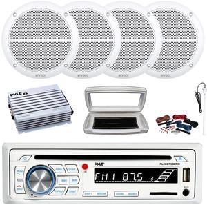 Pyle PLCDBT65 Single-DIN Marine Bluetooth USB/AUX CD Player AM/FM Stereo Receiver W/White Cover, 4x 6.5" 90W Max Power 2-Way Full Range White Boat Speakers, 4 Channel 400W Max Amplifier W/Kit, Antenna