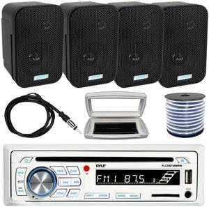 Pyle PLCDBT65 Single-DIN Marine Bluetooth USB/AUX CD Player AM/FM Stereo Receiver W/White Cover, 4x 3.5" 300W Max Power Indoor/Outdoor Black Waterproof Speakers W/50 Feet 18G Wire, 22" Radio Antenna