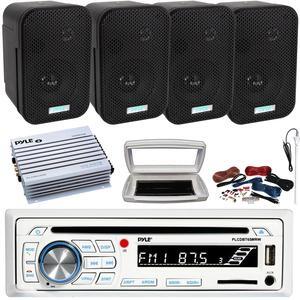Pyle PLCDBT65 Single-DIN Marine Bluetooth USB/AUX CD Player AM/FM Stereo Receiver W/White Cover, 4x 3.5" 300W Max Power Indoor/Outdoor Black Speakers, 4 Channel 400W Max Amplifier W/Kit, Radio Antenna