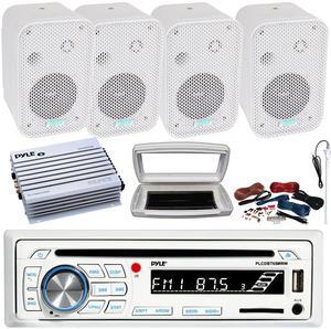 Pyle PLCDBT65 Single-DIN Marine Bluetooth USB/AUX CD Player AM/FM Stereo Receiver W/White Cover, 4x 3.5" 300W Max Indoor/Outdoor Waterproof White Speakers, 4 Channel 400W Max Amplifier W/Kit, Antenna