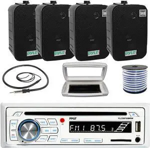 Pyle PLCDBT65 Single-DIN Marine Bluetooth USB/AUX CD Player AM/FM Stereo Receiver W/White Cover, 4x 5.25" 400W Max Power Indoor/Outdoor Black Waterproof Speakers W/50 Feet 18G Wire, 22" Radio Antenna