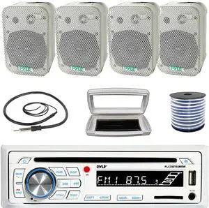 Pyle PLCDBT65 Single-DIN Marine Bluetooth USB/AUX CD Player AM/FM Stereo Receiver W/White Cover, 4x 5.25" 400W Max Power Indoor/Outdoor White Waterproof Boat Speakers W/50 Feet 18G Wire, Radio Antenna