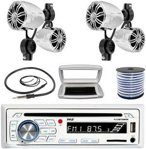 Pyle PLCDBT65 Single-DIN Marine Bluetooth USB/AUX CD Player AM/FM Stereo Receiver W/White Cover, 4x Pyle PLMR22CR 2.25' 10W Max Power Full Range Off-Road Chrome Speakers W/50 Feet 18G Wire, Antenna