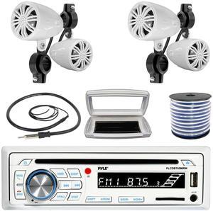 Pyle PLCDBT65 Single-DIN Marine Bluetooth USB/AUX CD Player AM/FM Stereo Receiver W/White Cover, 4x Pyle PLMR22WT 2.25' 10W Max Power Full Range Off-Road White Speakers W/50 Feet 18G Wire, Antenna
