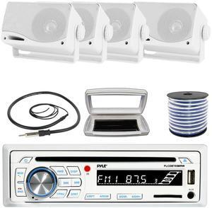 Pyle PLCDBT65 Single-DIN Marine Bluetooth USB/AUX CD Player AM/FM Stereo Receiver W/White Cover, 4x 3.5'' 200W Max Power 3-Way Weather Proof Mini Box White Speakers W/50 Feet 18G Wire, 22" Antenna