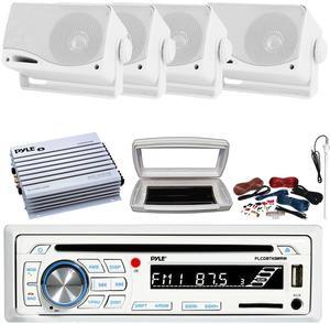 Pyle PLCDBT65 Single-DIN Marine Bluetooth USB/AUX CD Player AM/FM Stereo Receiver W/White Cover, 4x 3.5'' 200W Max Power 3-Way Weather Proof Mini Box Speakers, 4 Channel Amplifier W/Kit, Radio Antenna