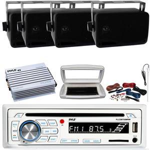 Pyle PLCDBT65 Single-DIN Marine Bluetooth USB/AUX CD Player AM/FM Stereo Receiver W/White Cover, 4x 3.5'' 200W Max 3-Way Indoor/Outdoor Wall Mount Speakers, 4 Channel 400W Max Amplifier W/Kit, Antenna