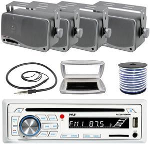Pyle PLCDBT65 Single-DIN Marine Bluetooth USB/AUX CD Player AM/FM Stereo Receiver W/White Cover, 4x 3.5'' 200W Max Power 3-Way Weather Proof Mini Box Silver Speakers W/50 Feet 18G Wire, Radio Antenna