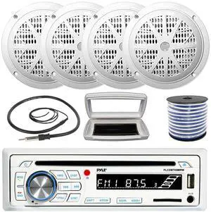 Pyle PLCDBT65 Single-DIN Marine Bluetooth USB/AUX CD Player AM/FM Stereo Receiver W/White Cover, 4x Pyle PLMR41W 4'' 100 Watt Max Power Dual Cone White Speakers W/50 Feet 18 Gauge Wire, 22" Antenna