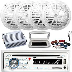 Pyle PLCDBT65 Single-DIN Marine Bluetooth USB/AUX CD Player AM/FM Stereo Receiver W/White Cover, 4x 4'' 100W Max Power Dual Cone White Boat Speakers, 4 Channel 400W Max Amplifier W/Kit, Radio Antenna