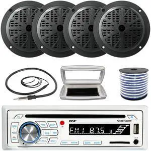 Pyle PLCDBT65 Single-DIN Marine Bluetooth USB/AUX CD Player AM/FM Stereo Receiver W/White Cover, 4x Pyle PLMR51B 5.25'' 100 Watt Max Power 2-Way Full Range Black Speakers W/50 Feet 18G Wire, Antenna
