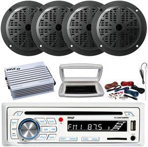 Pyle PLCDBT65 Single-DIN Marine Bluetooth USB/AUX CD Player AM/FM Stereo Receiver W/White Cover, 4x 5.25'' 100W Max Power 2-Way Full Range Black Speakers, 4 Channel 400W Max Amplifier W/Kit, Antenna