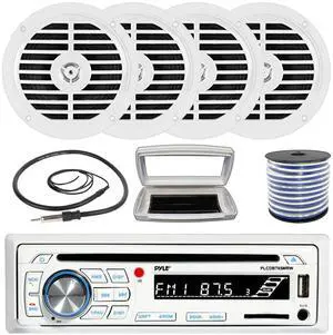 Pyle PLCDBT65 Single-DIN Marine Bluetooth USB/AUX CD Player AM/FM Stereo Receiver W/White Cover, 4x Pyle PLMR57W 5.25" 100W Max Power Dual Cone Full Range White Speakers W/50 Feet 18G Wire, Antenna